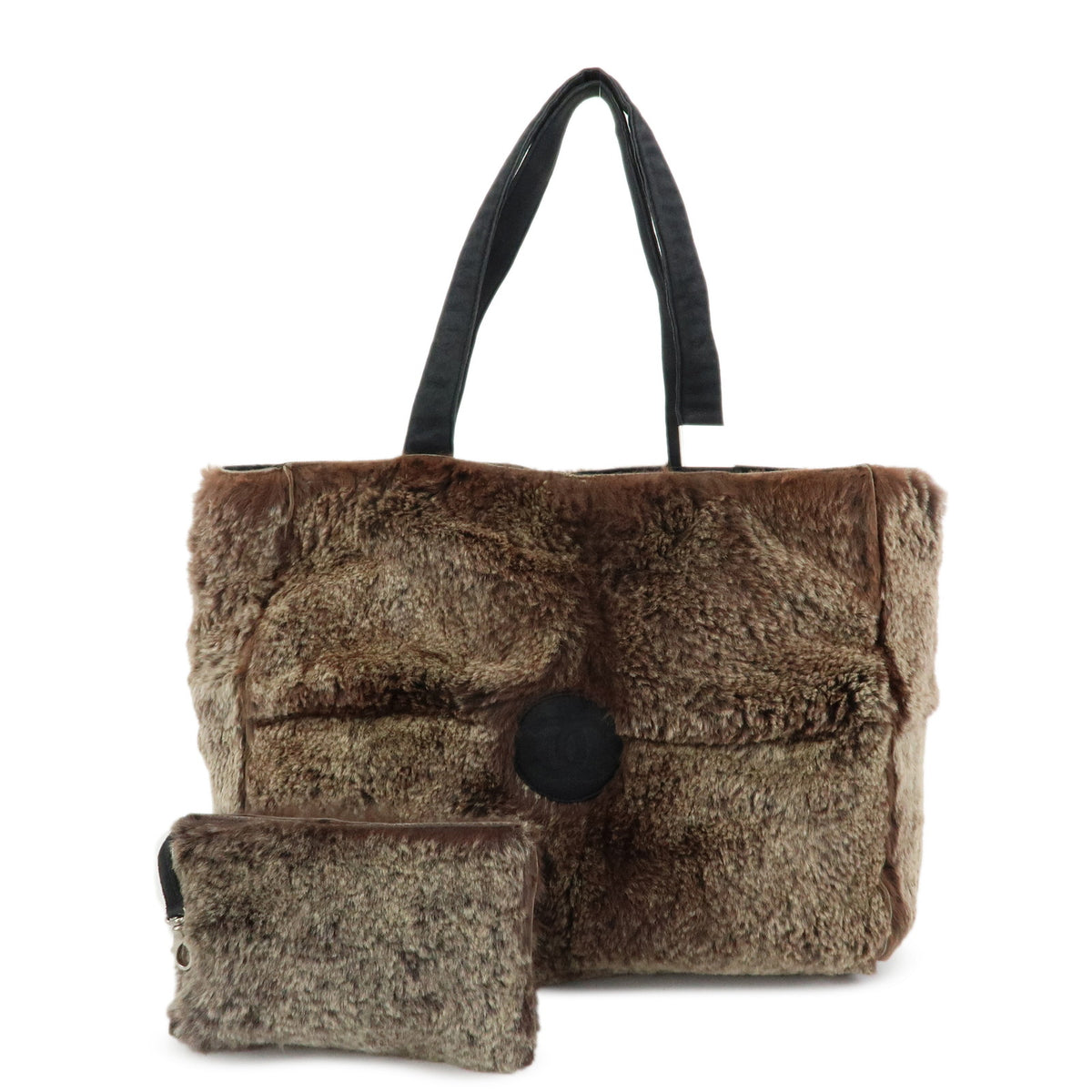 CHANEL COCO Mark Lapin Suede Fur Hand Bag Tote Bag Brown
