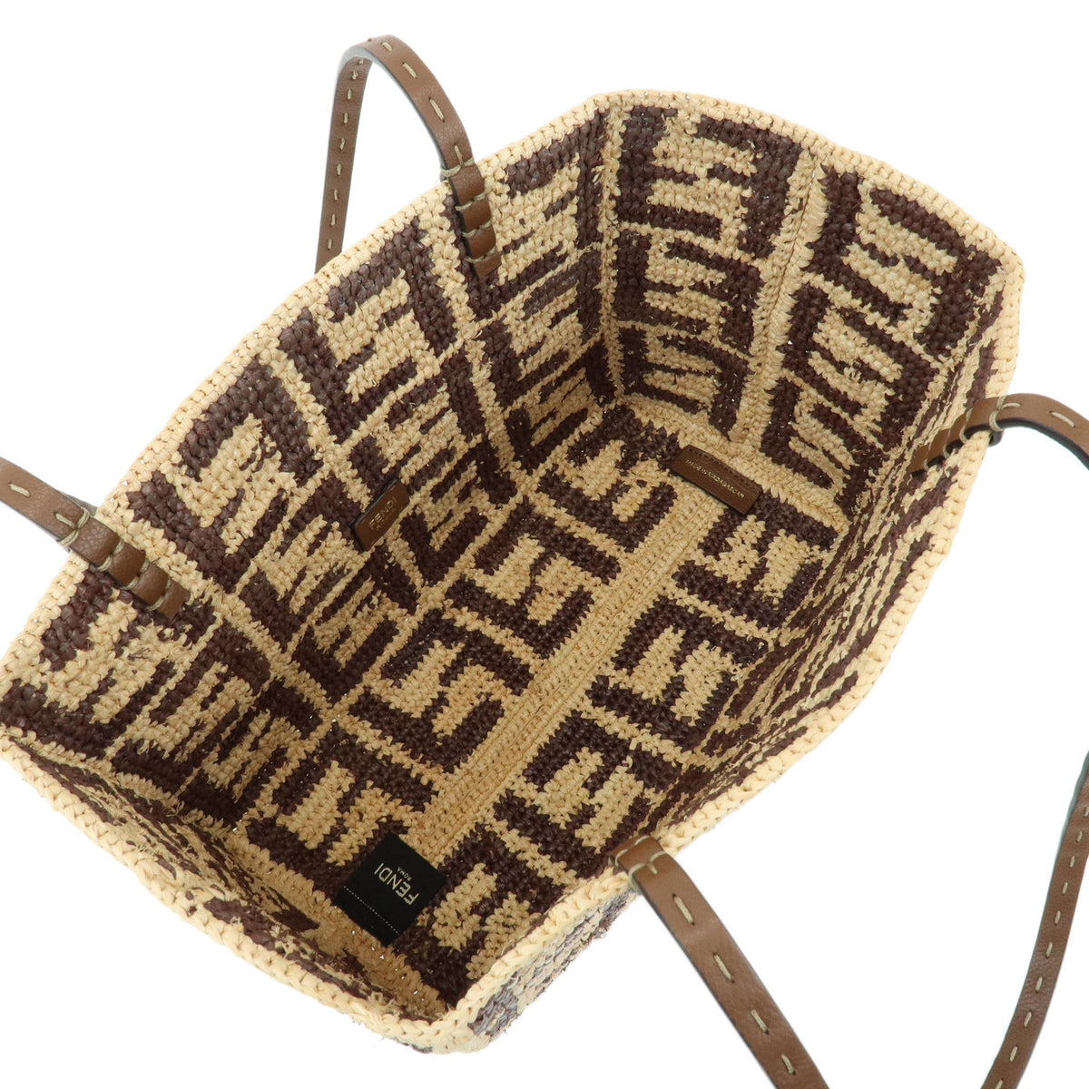FENDI Zucca Roll Small Raffia Leather Tote Shoulder Bag Brown 8BH424