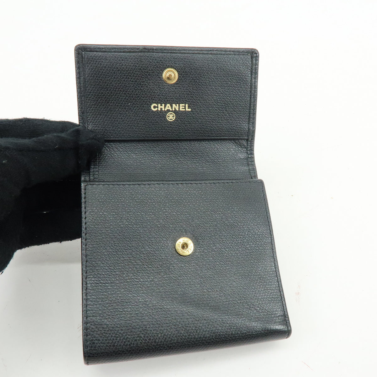 CHANEL COCO Button Calf Skin W Hook Compact Wallet Black A20902