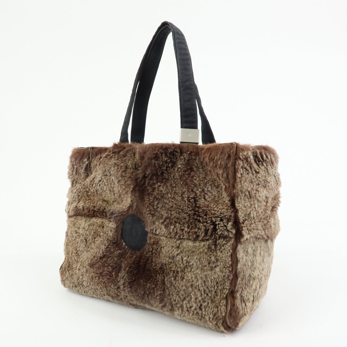 CHANEL COCO Mark Lapin Suede Fur Hand Bag Tote Bag Brown