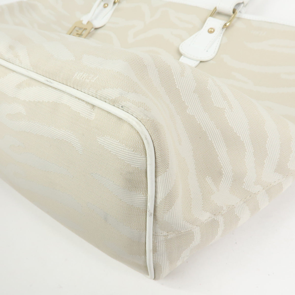 FENDI Canvas Leather Zebra Pattern Tote Bag Hand Bag Beige White 8BH115