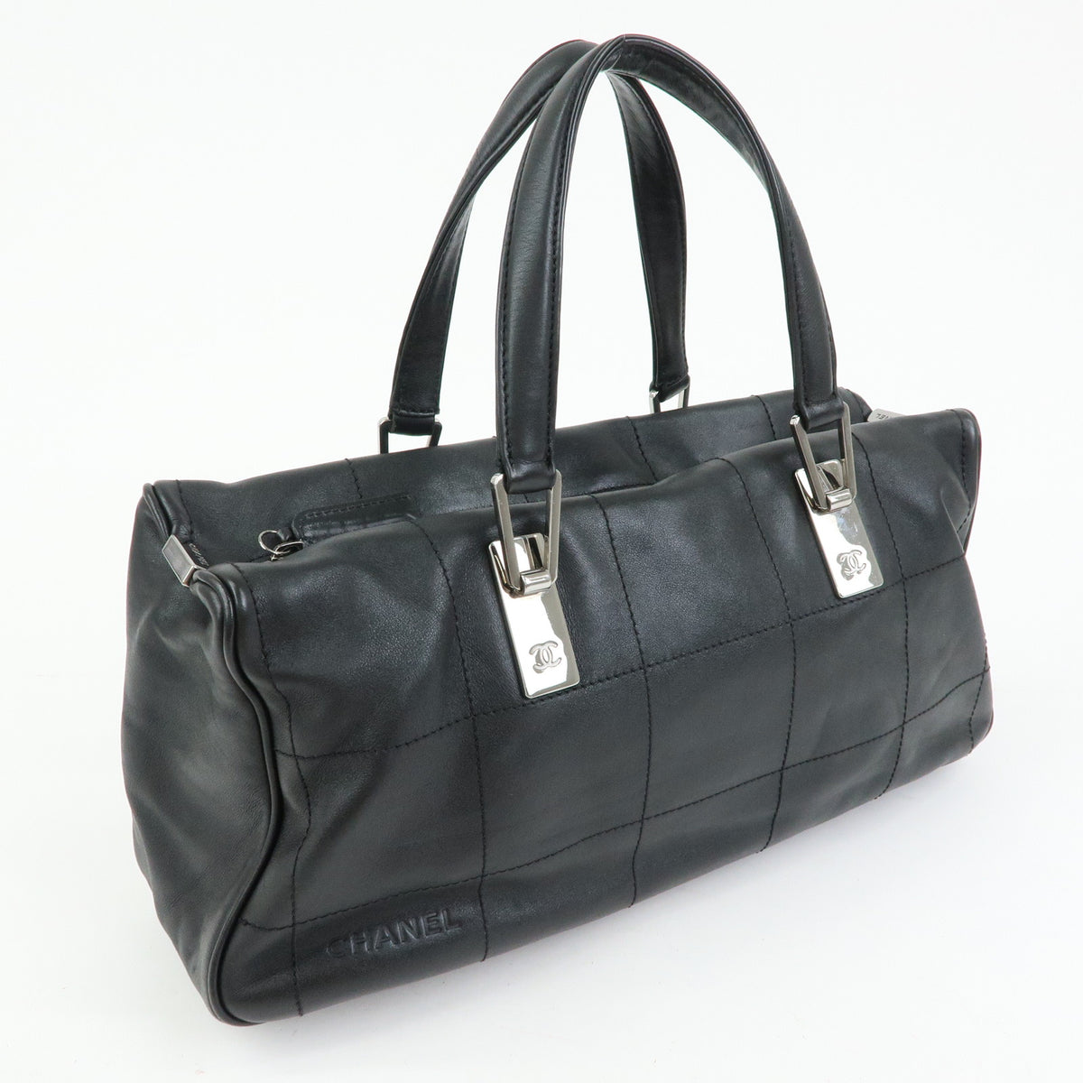 CHANEL Chocolate Bar Lamb Skin Mini Boston Bag Hand Bag Black A19989