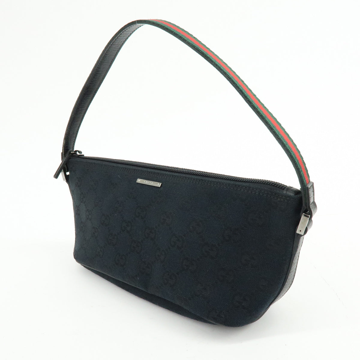 GUCCI Boat Bag Sherry GG Canvas Leather Hand Bag Pouch Black 141809
