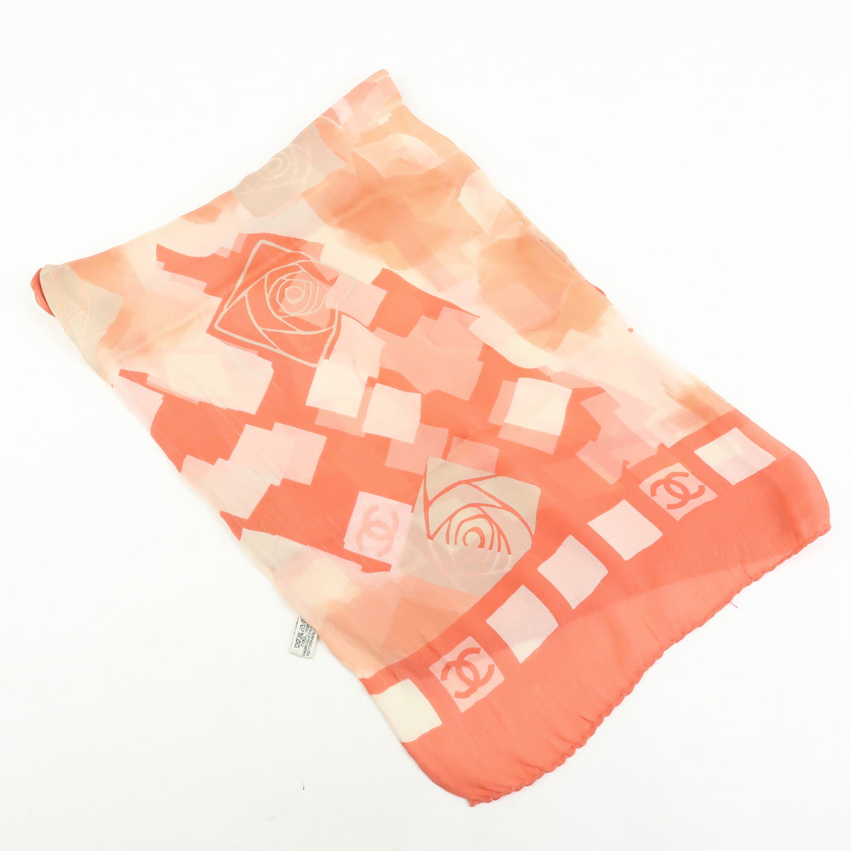 CHANEL COCO Mark Silk 100% Scarf Pink Orange White