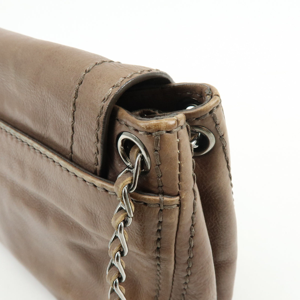 PRADA Logo Leather Flap Chain Shoulder Bag Hand Bag Greige B4659C
