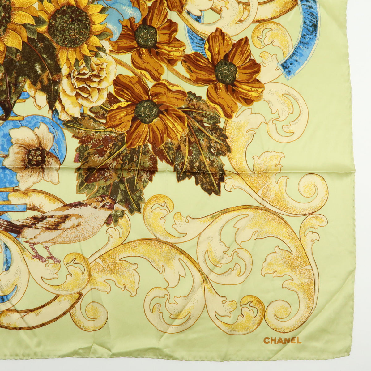 CHANEL Silk100% Sunflower Pattern Scarf Shawl Light Green