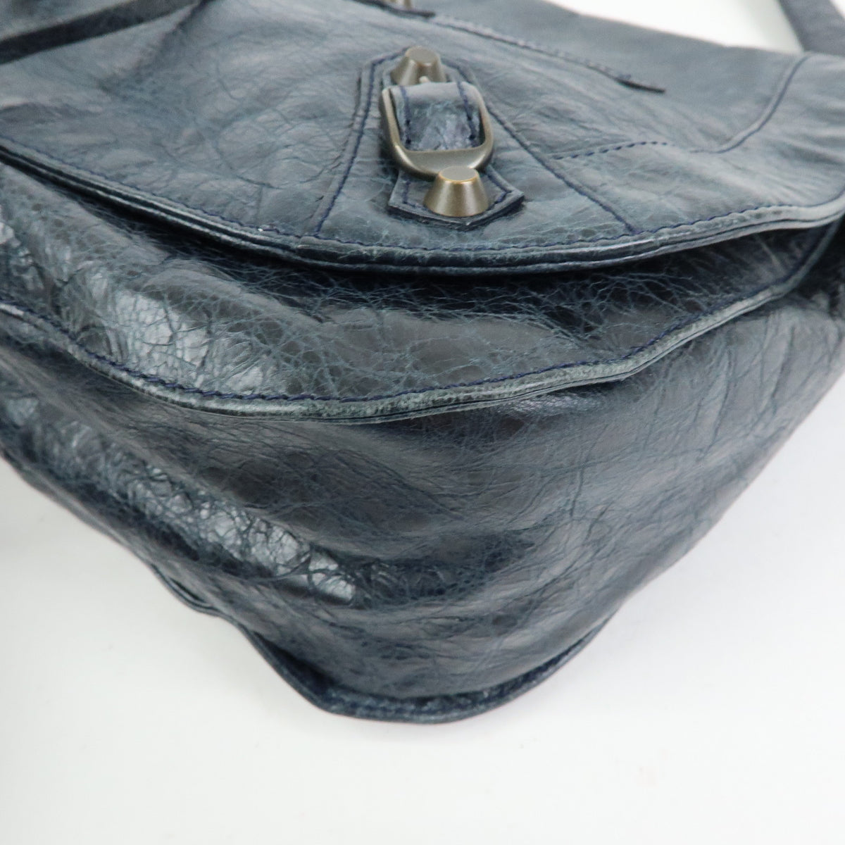 BALENCIAGA Classic Neo Folk Leather Shoulder Bag Dark Navy 285346