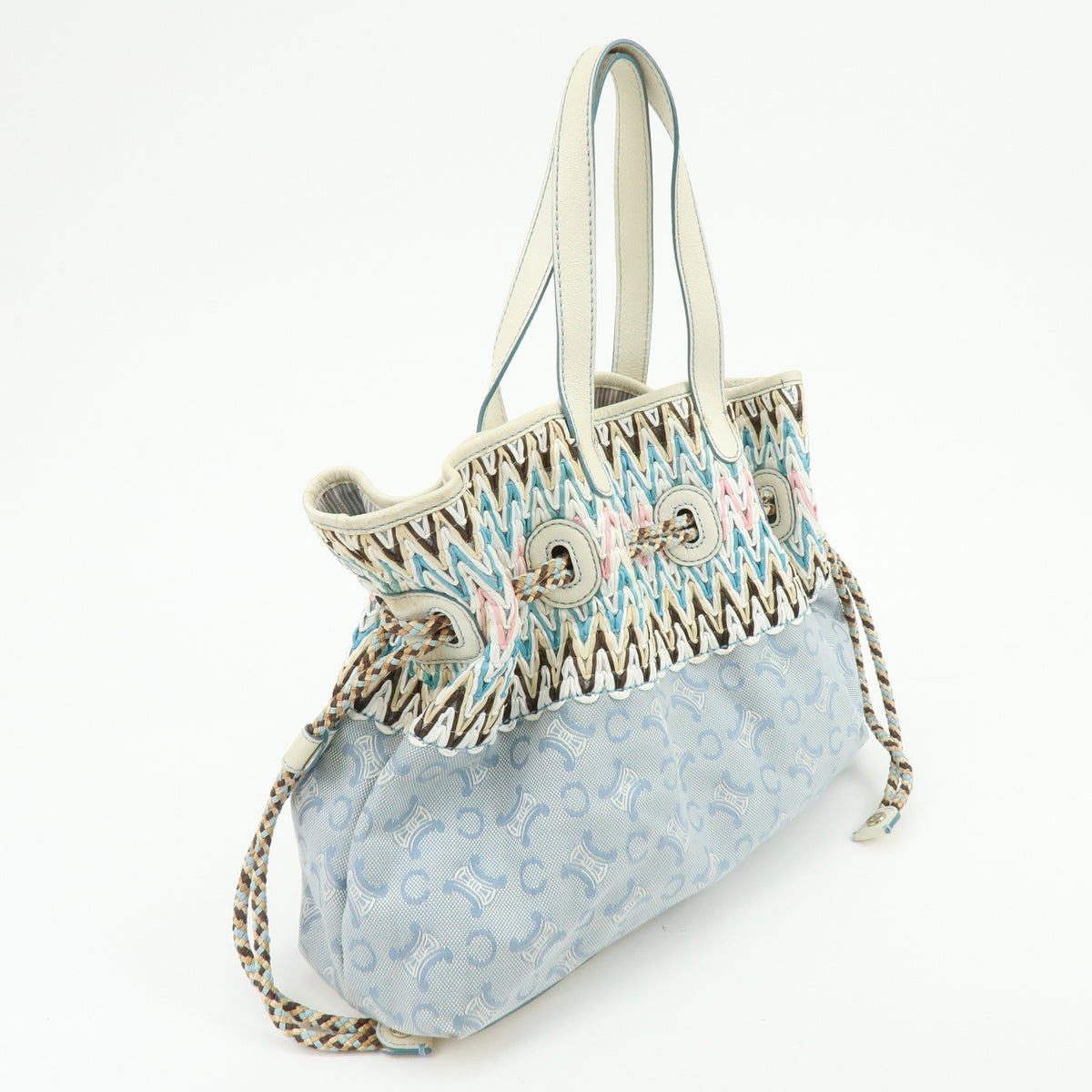 CELINE Macadam Canvas Leather Raffia Hand Bag Light Blue White
