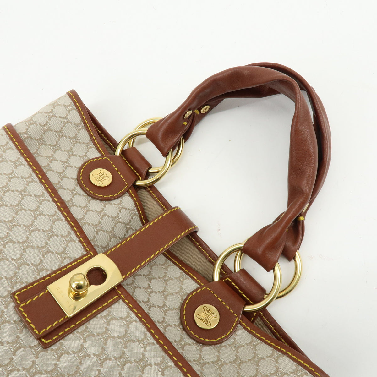 CELINE Macadam Canvas Leather Tote Bag Hand Bag Beige Brown