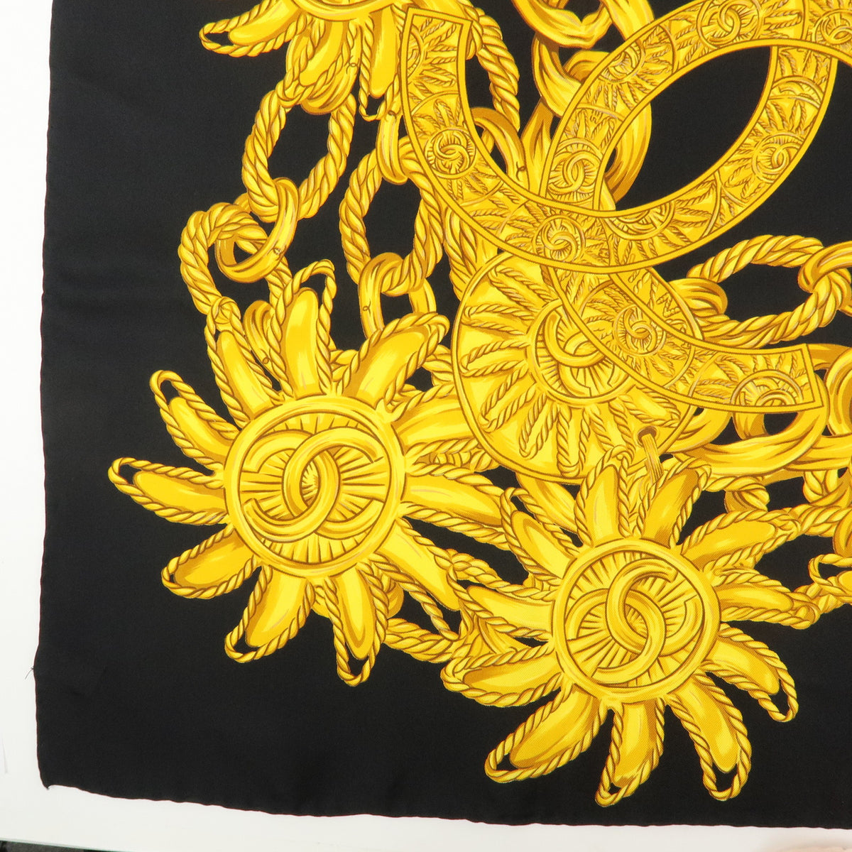 CHANEL COCO Mark Silk 100% Scarf Chain Black Gold