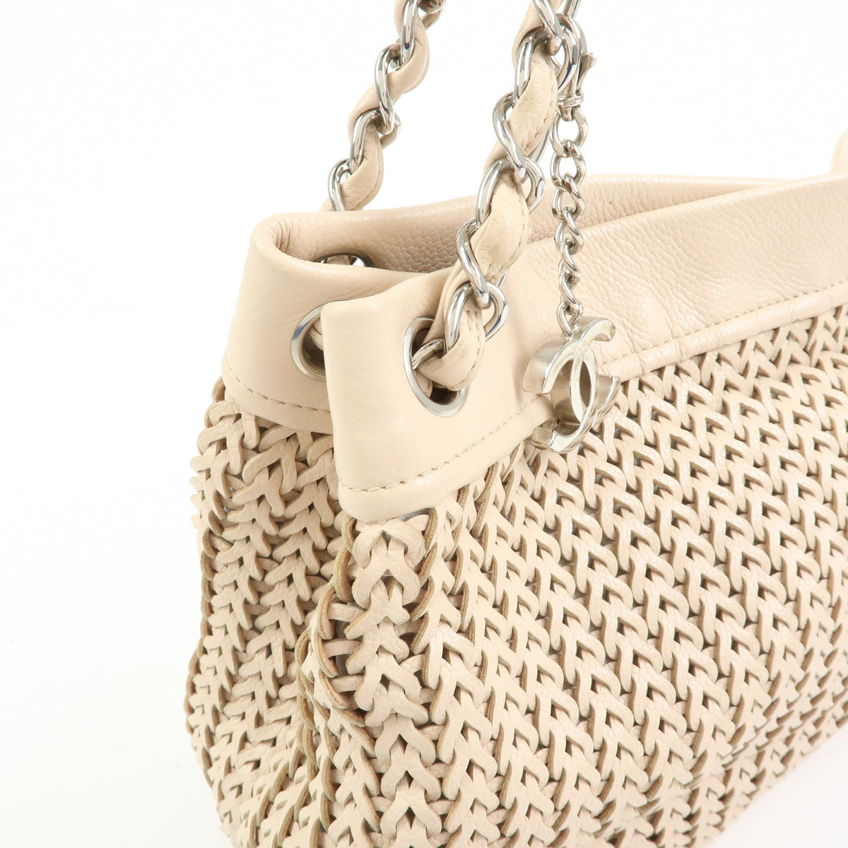 CHANEL Caviarskin Mesh CC Charm Chain Shoulder Bag Beige A28002
