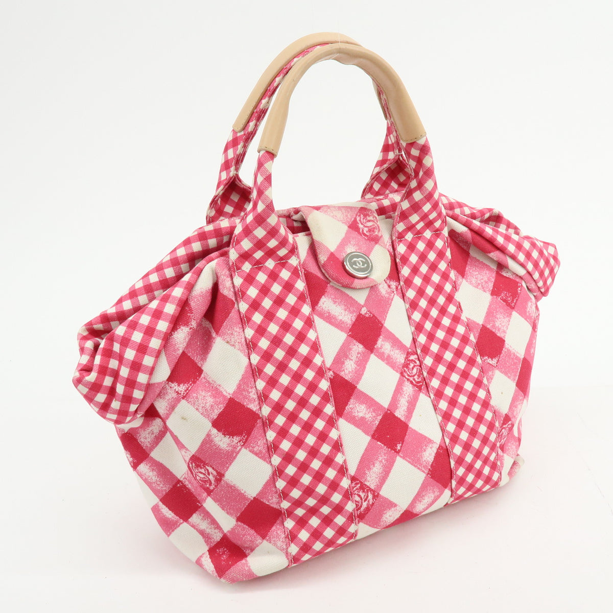 CHANEL Cruise Line Canvas Leather Gingham Hand Bag Tote Bag Pink A49918