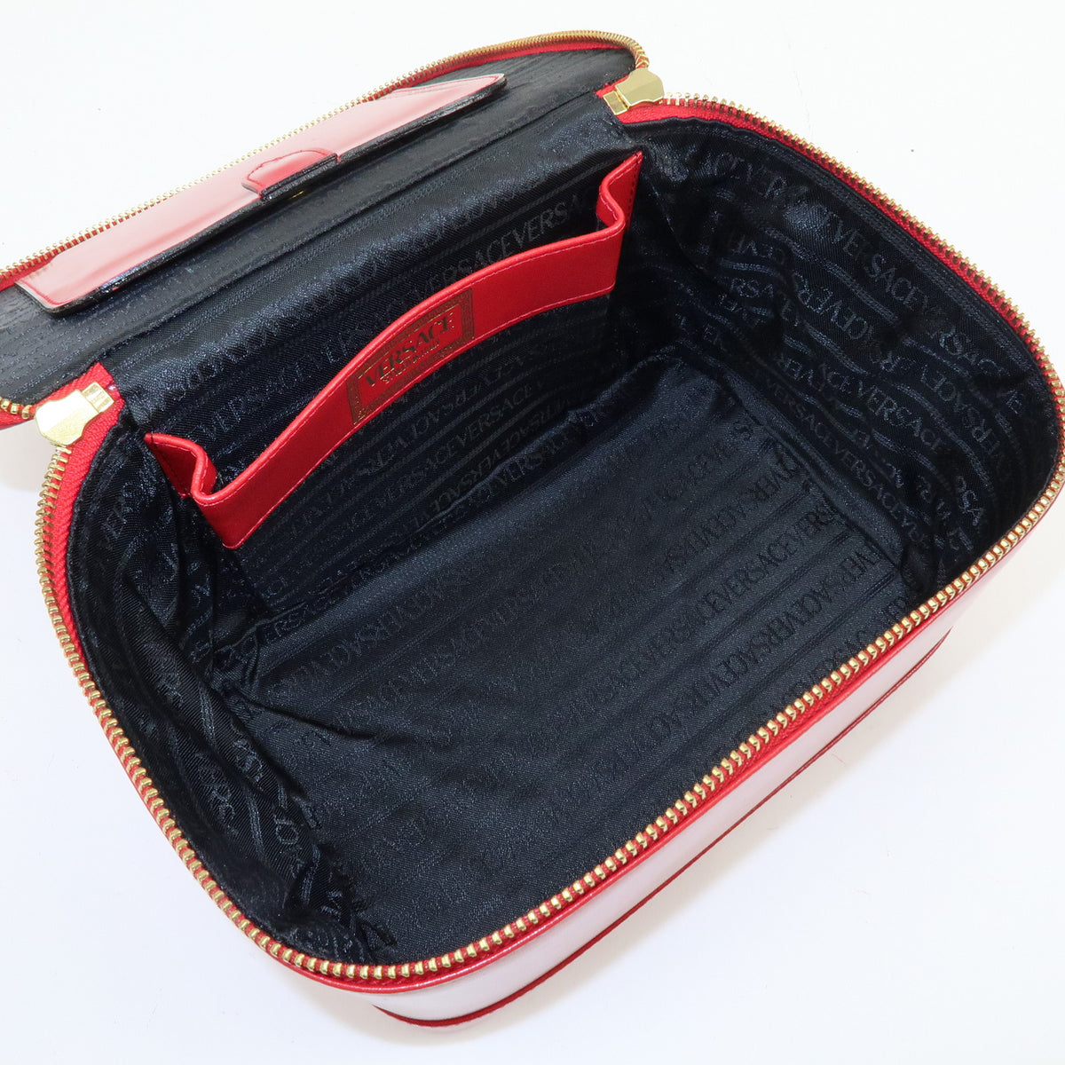 GIANNI VERSACE Leather Hand Bag Vanity Case Sunburst Charm Red