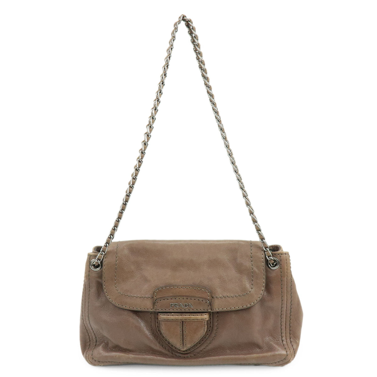 PRADA Logo Leather Flap Chain Shoulder Bag Hand Bag Greige B4659C