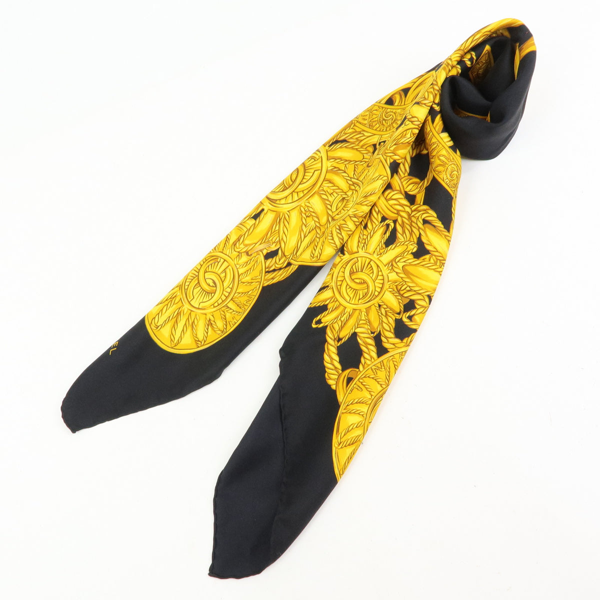 CHANEL COCO Mark Silk 100% Scarf Chain Black Gold