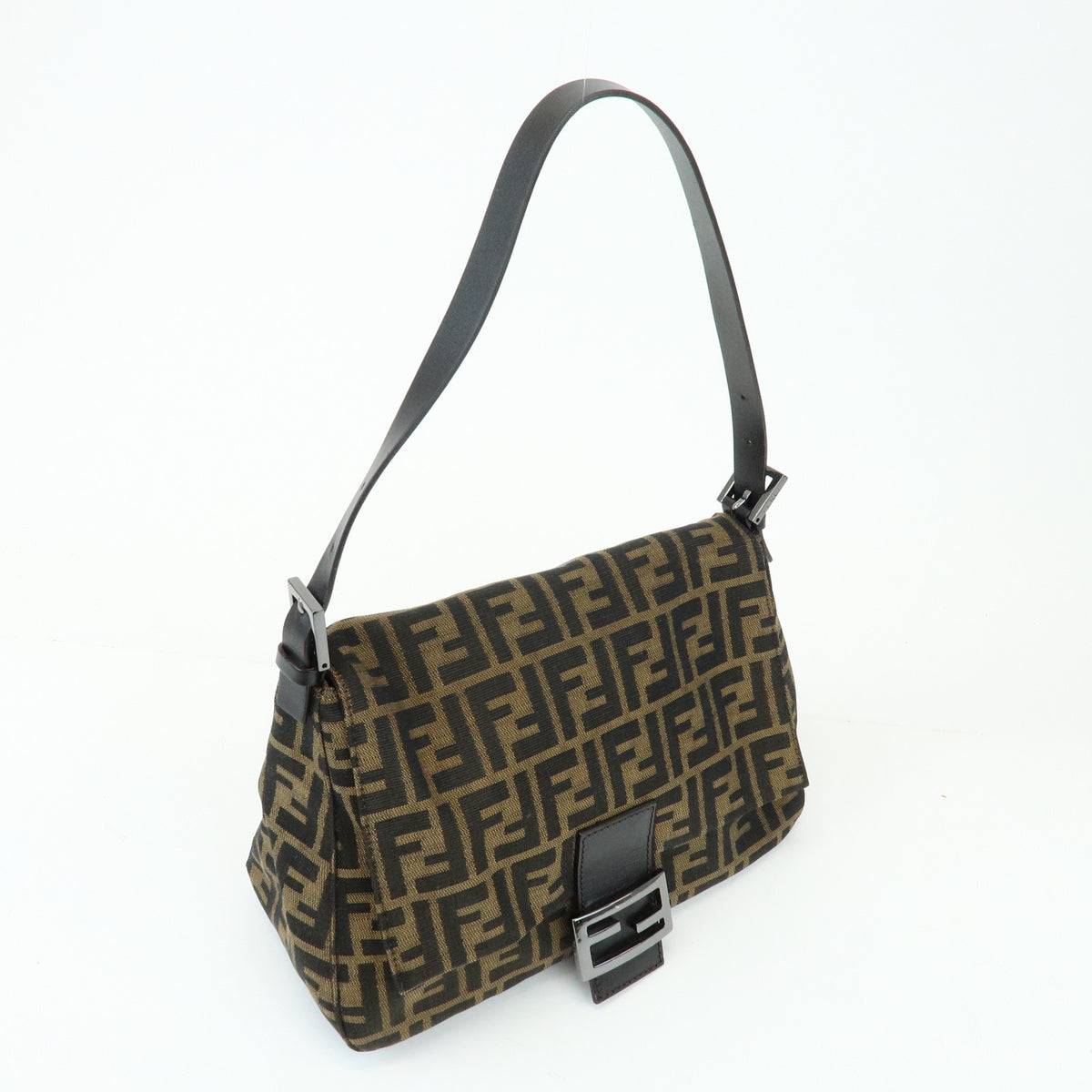 FENDI Mamma Baguette Zucca Canvas Leather Shoulder Bag Brown 8BR001
