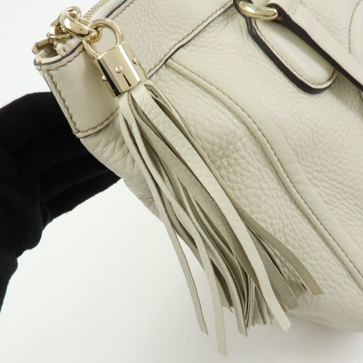 GUCCI Soho Interlocking G Leather Tote Bag Hand Bag Tassel Ivory 282307