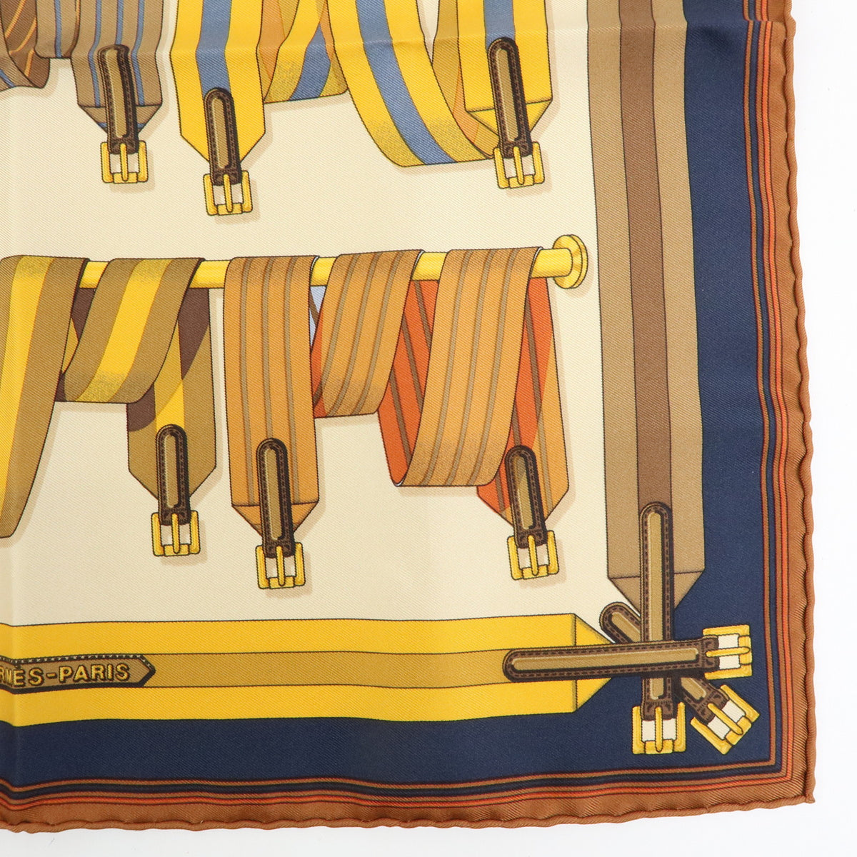 HERMES Carre 42 Silk 100% Scarf LES SANGLES Orange Brown Yellow