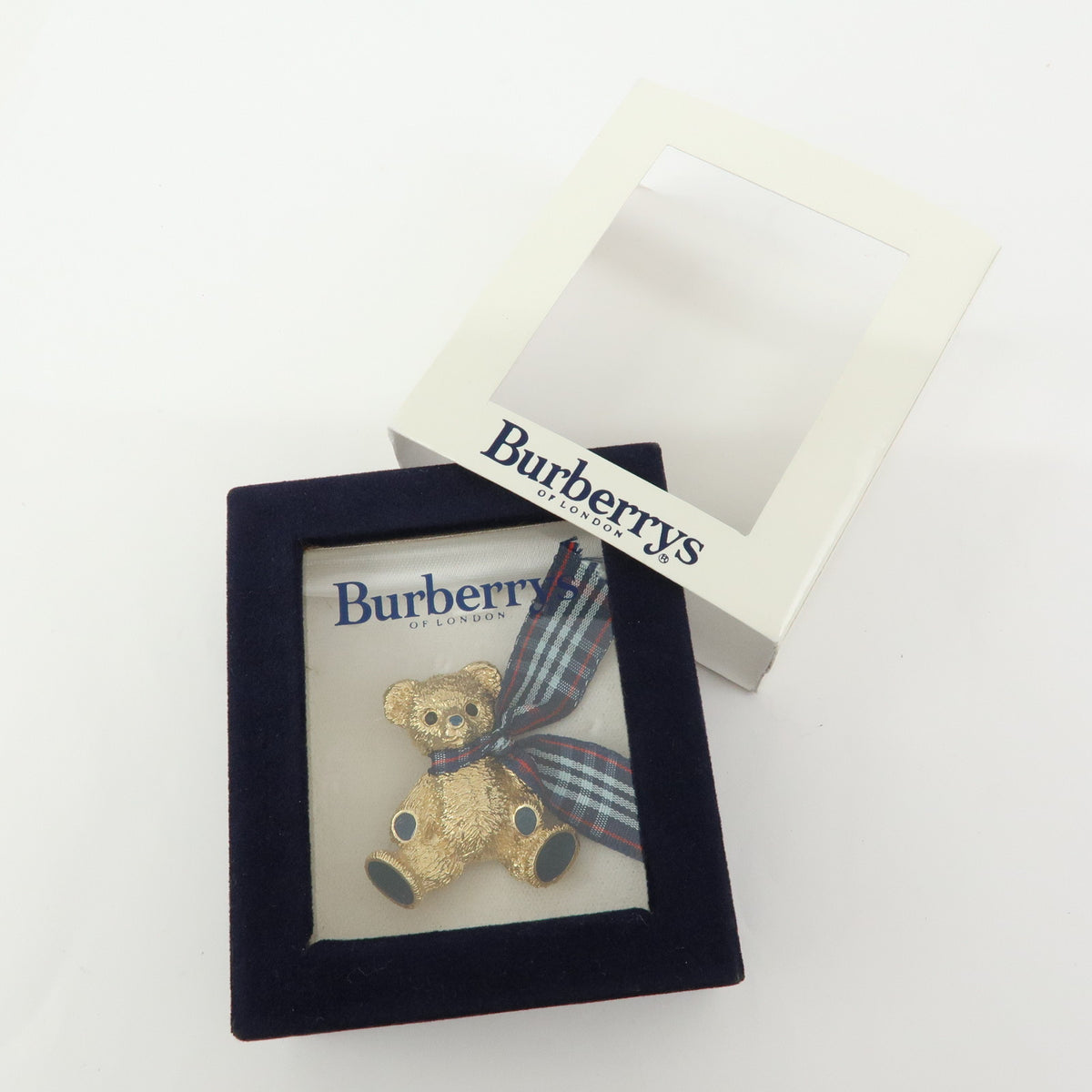 BURBERRY Teddy Bear With Plaid Ribbon Metal Pin Brooch Gold