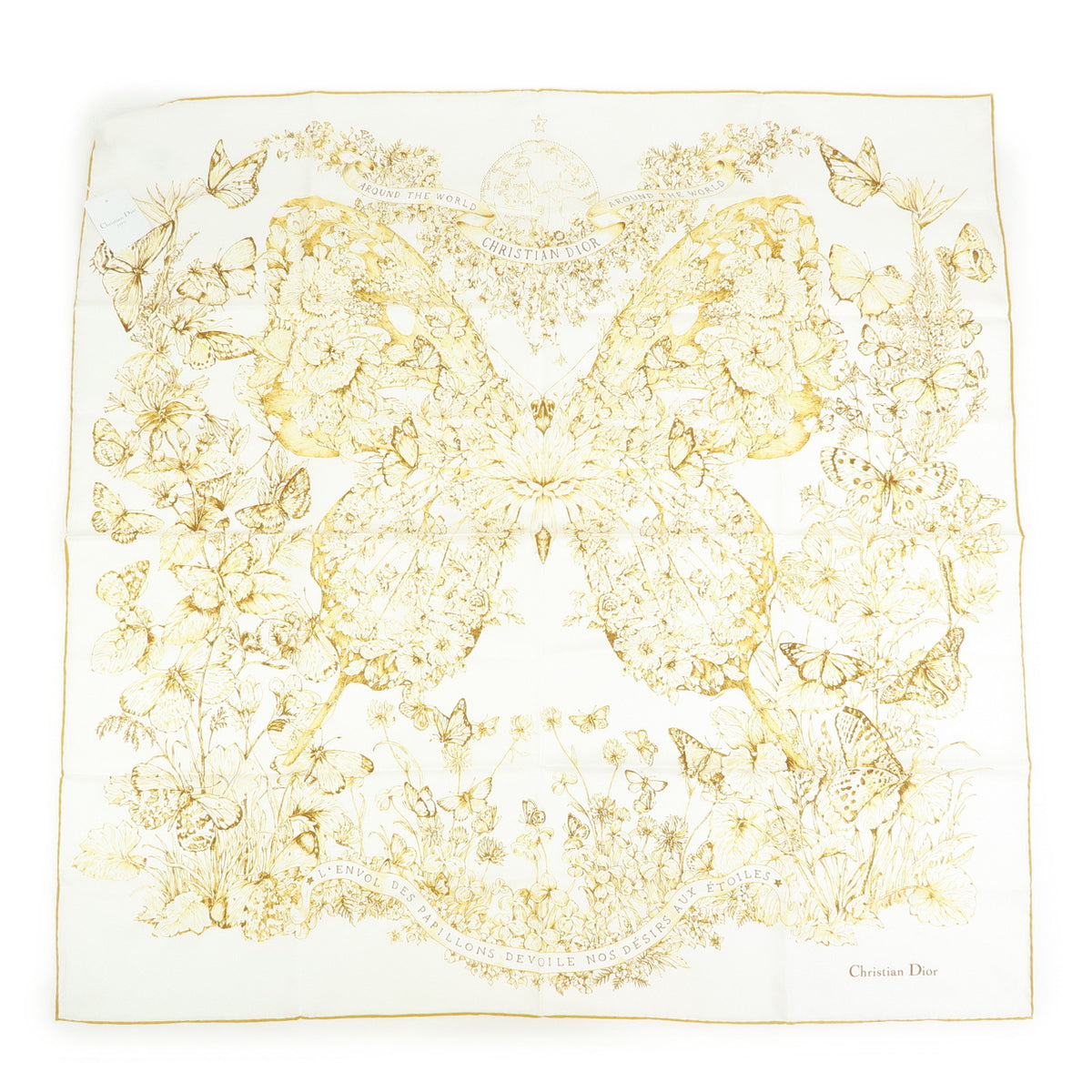 Christian Dior Silk 100% Gold Butterfly Pattern Scarf White Gold