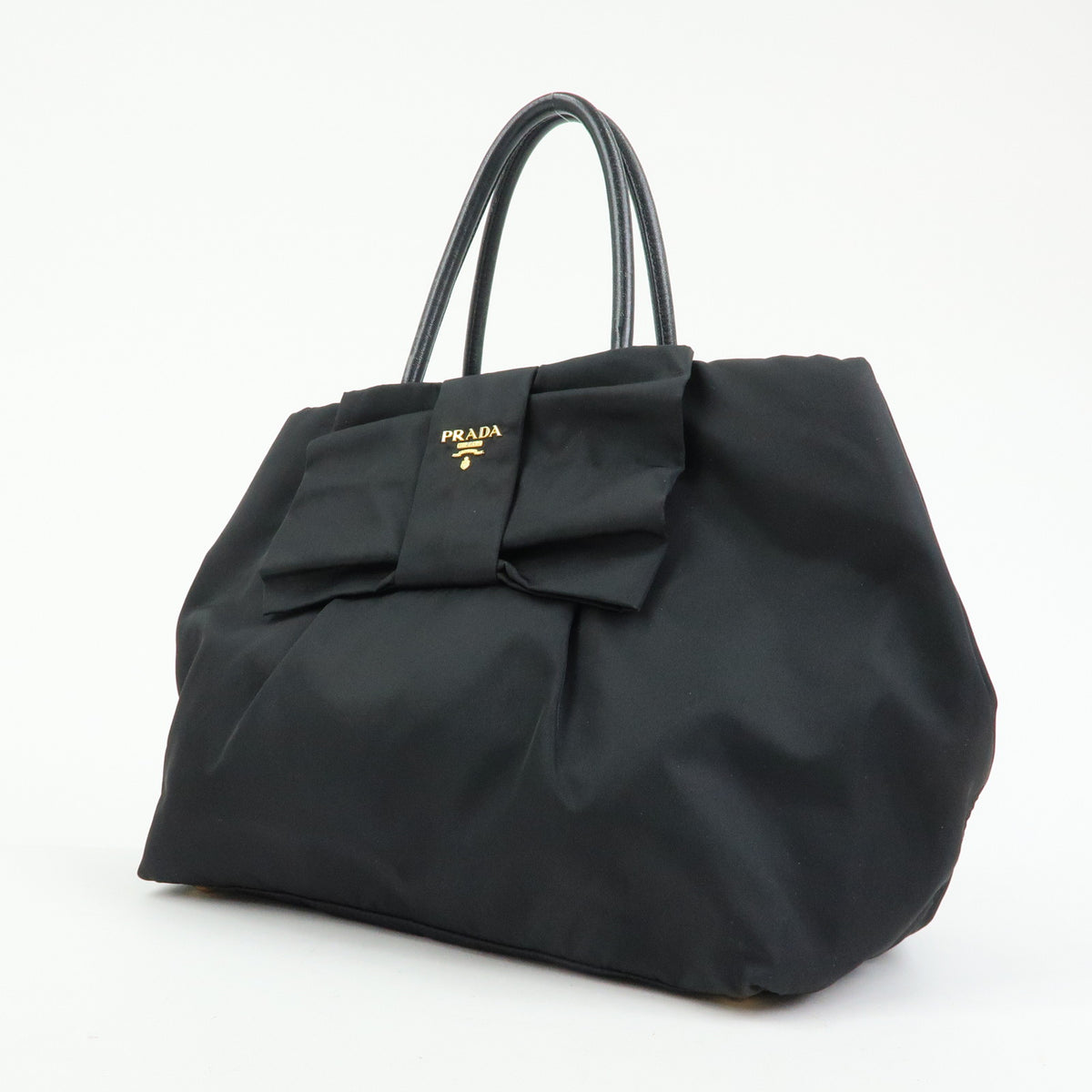 PRADA Nylon Leather Ribbon Hand Bag Tote Bag Black BN1601