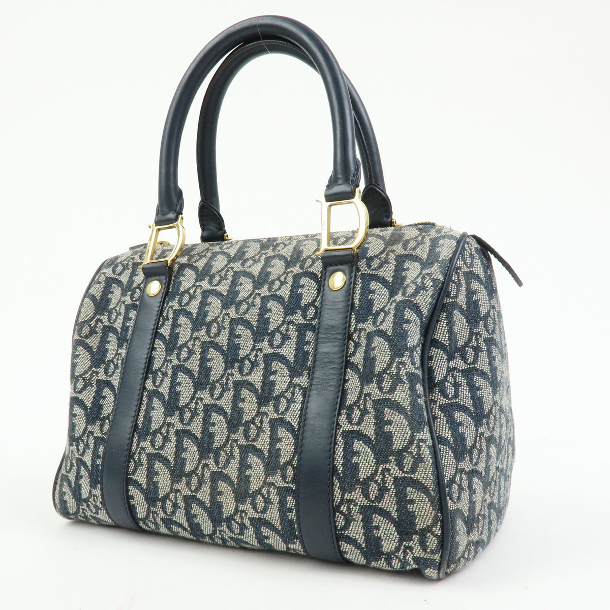 Christian Dior Trotter Jacquard Canvas Leather Boston Bag Hand Bag Navy