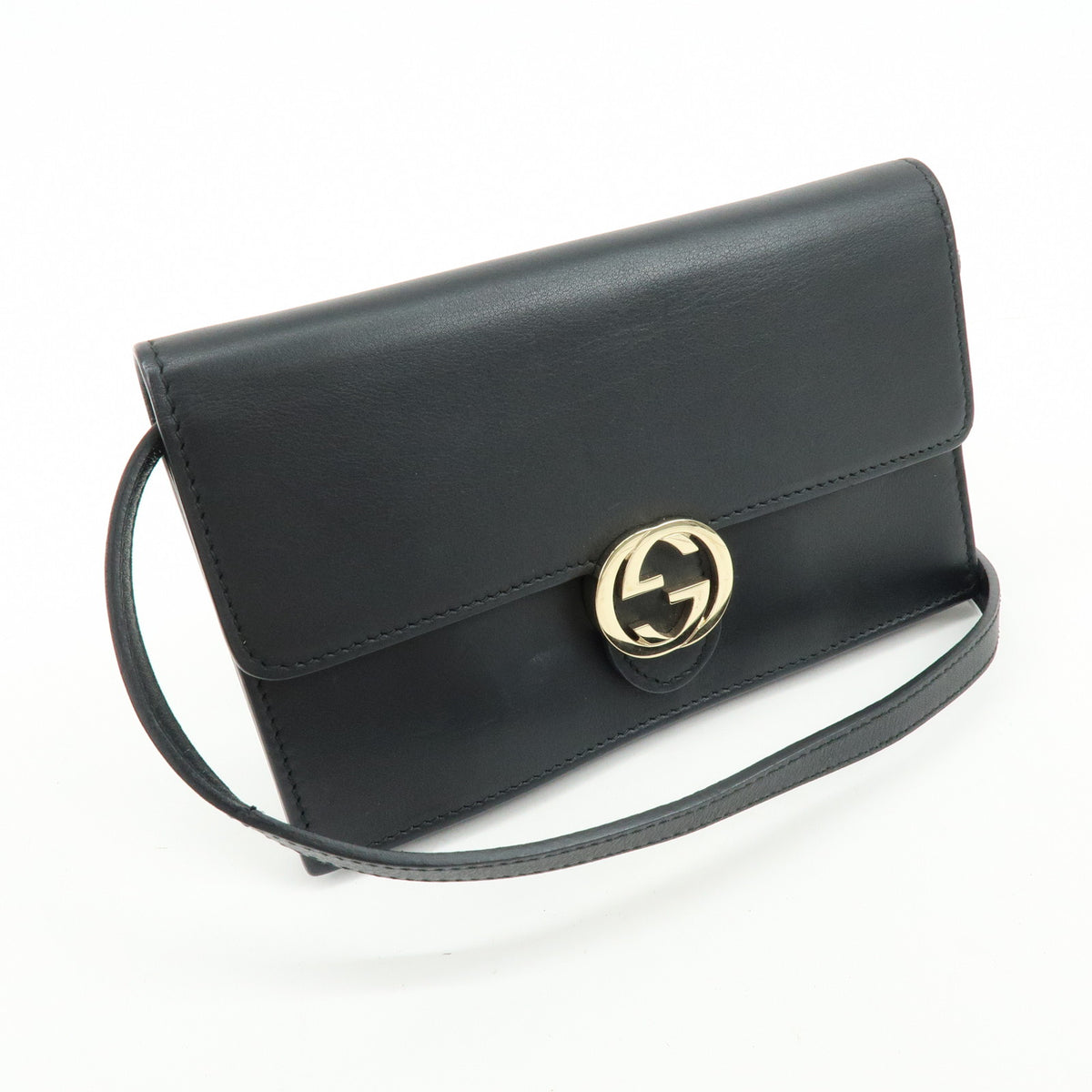 GUCCI Interlocking G Leather Shoulder Bag Crossbody Bag Black 369664