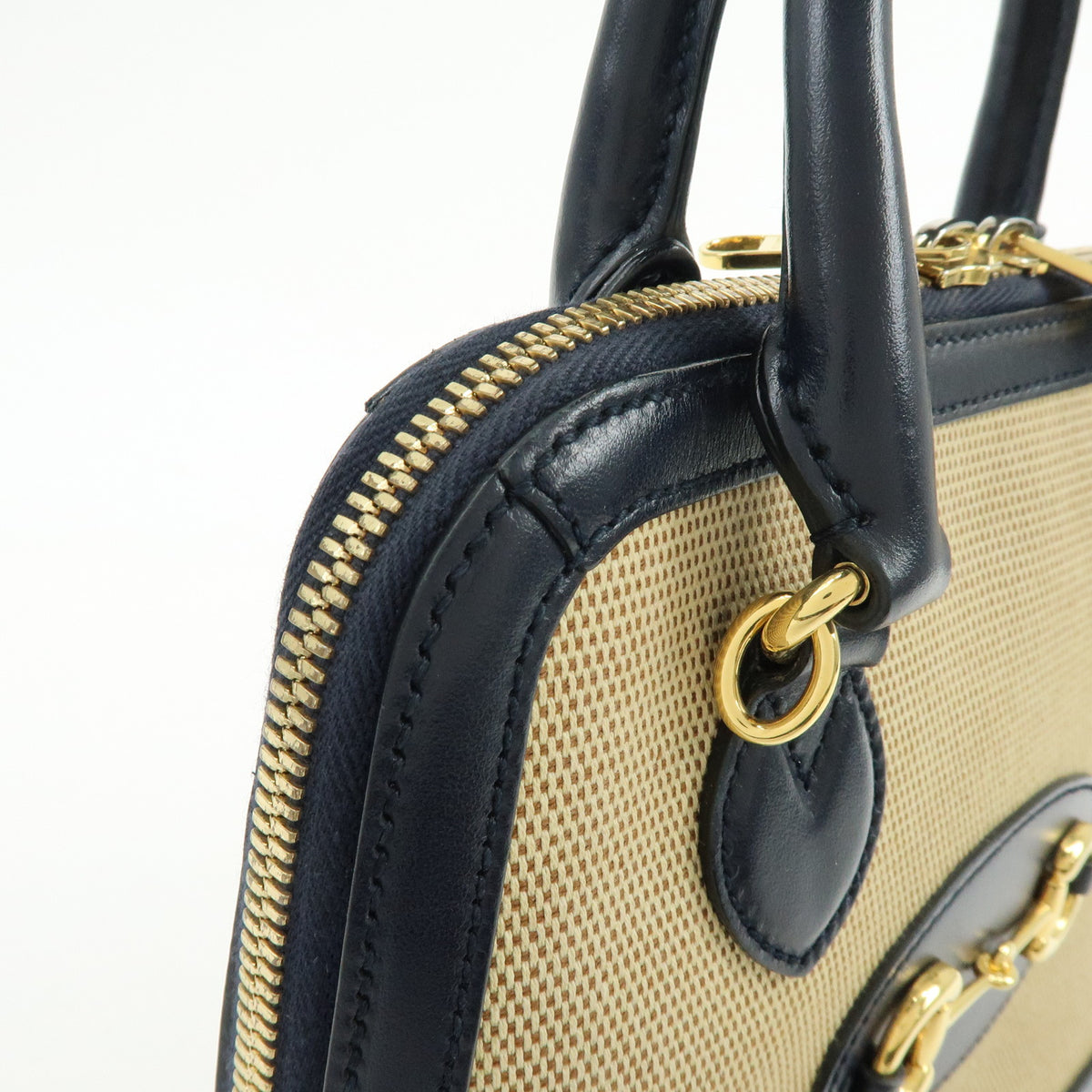 GUCCI Horsebit 1955 Small Top Handle 2Way Hand Bag Beige Navy 621220