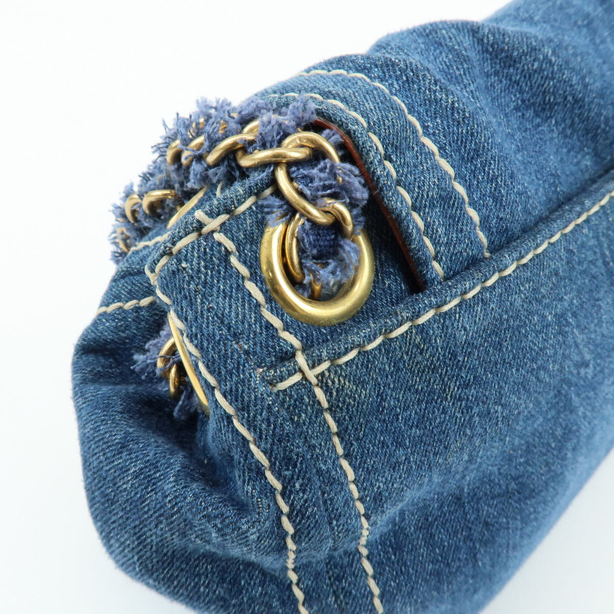 PRADA Front Flap Denim Leather Chain Shoulder Bag Blue Camel BR4659