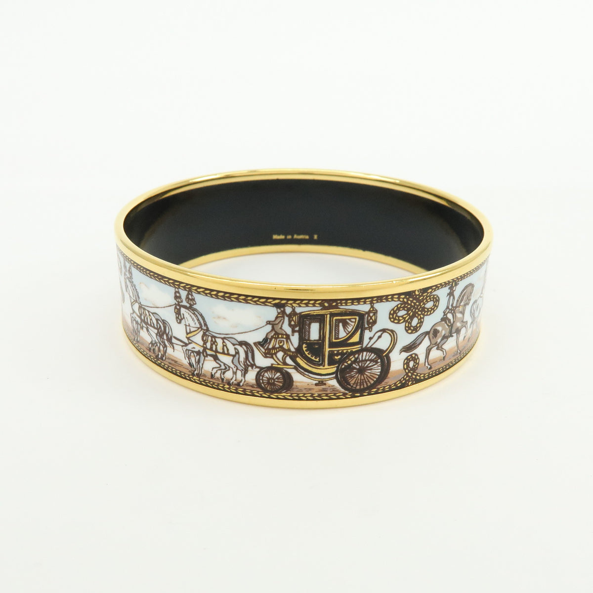 HERMES Email GM Gold Plated Bangle Bracelet Carriage Light Blue White