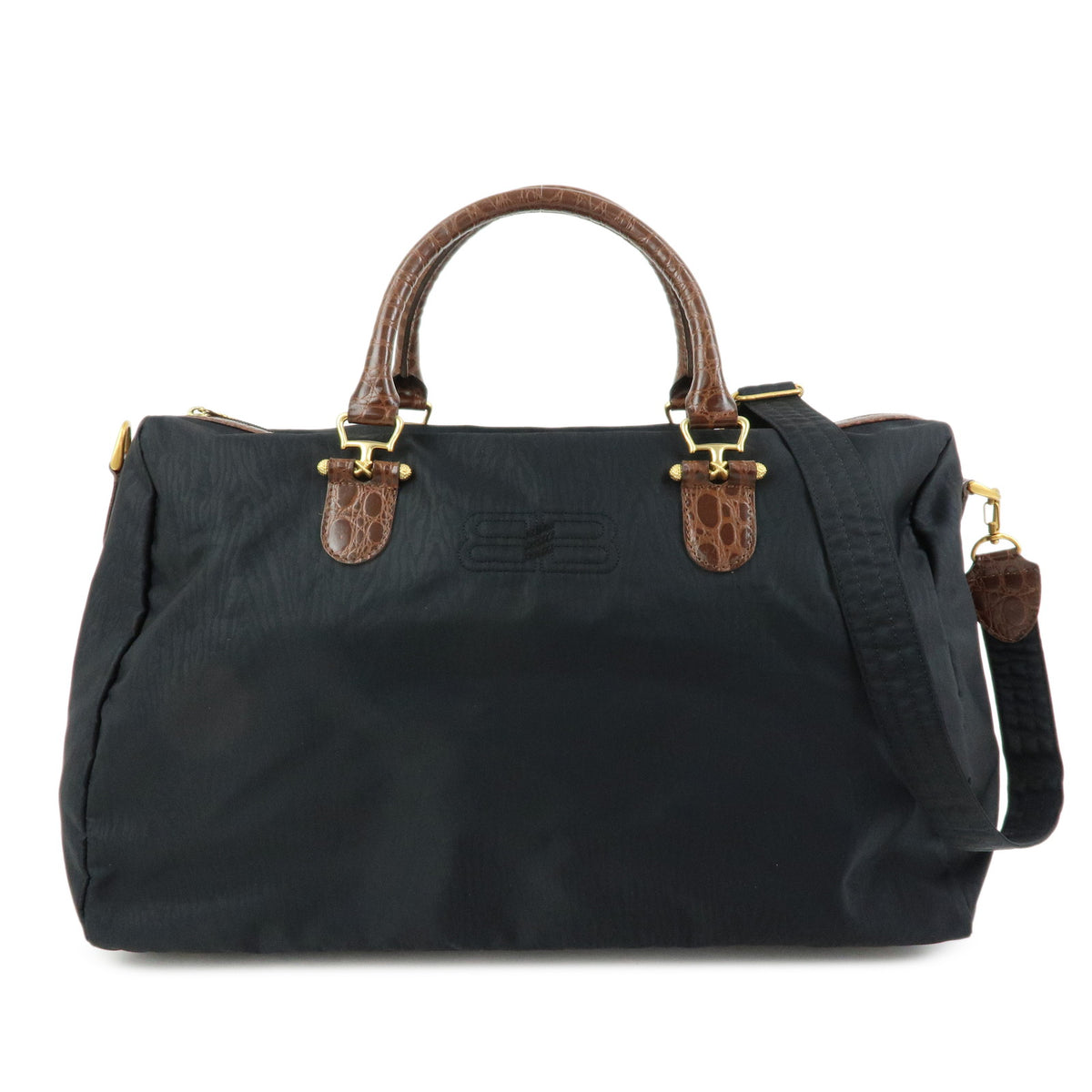 BALENCIAGA Nylon Embossed Leather Boston Bag Black Brown