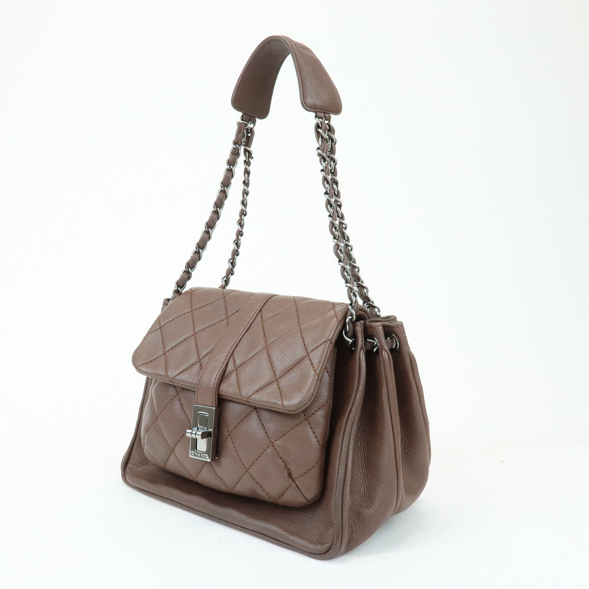 CHANEL 2.55 Mademoiselle Lock Lamb Skin Chain Shoulder Bag Brown