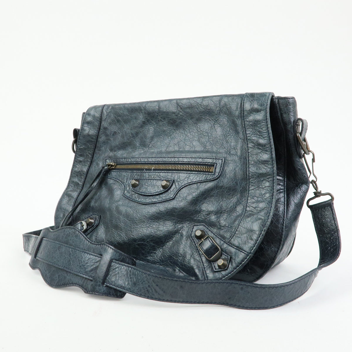 BALENCIAGA Classic Neo Folk Leather Shoulder Bag Dark Navy 285346