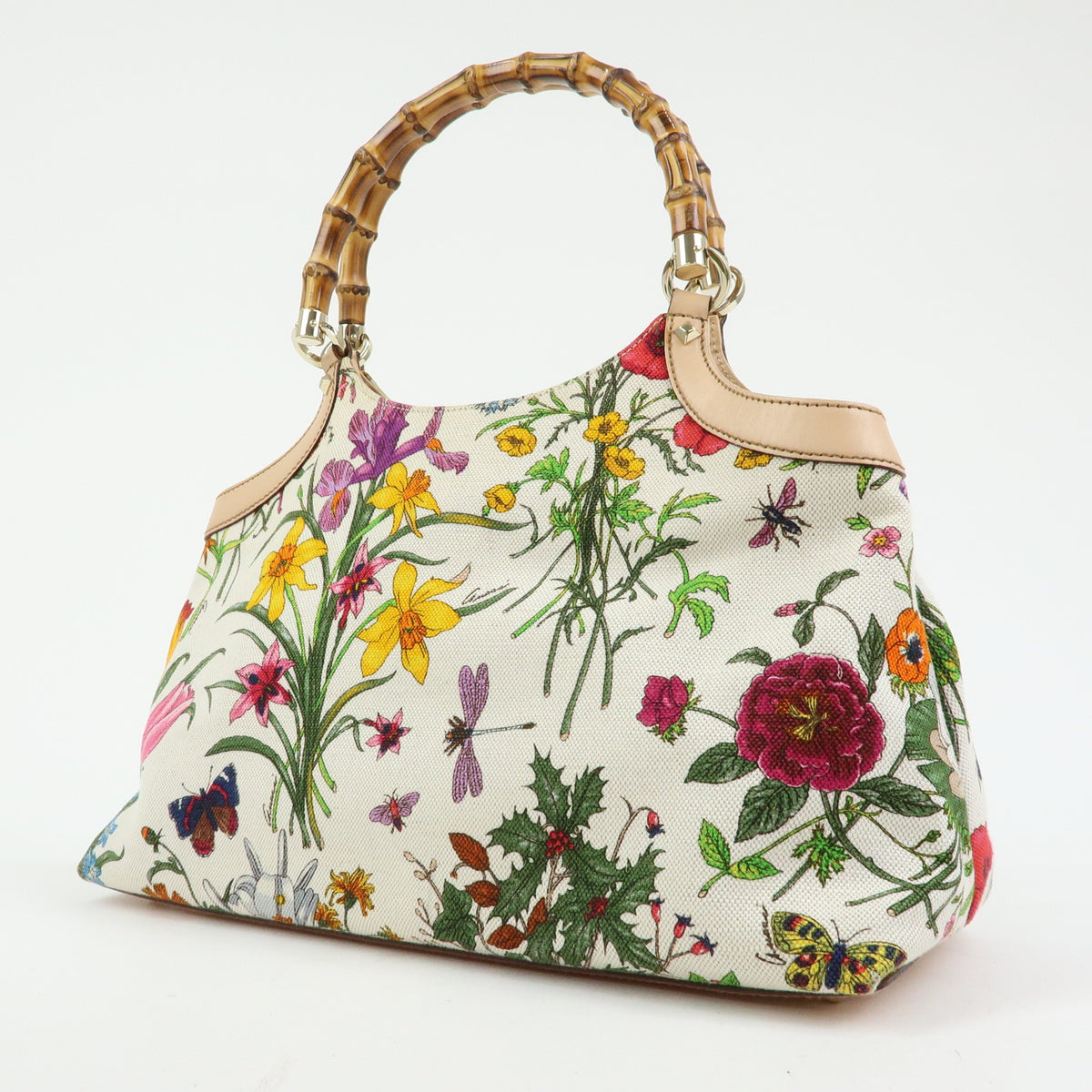 GUCCI Flora Bamboo Canvas Leather Shoulder Bag Hand Bag 137395