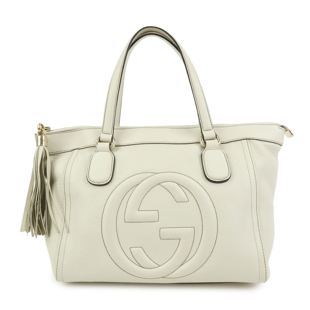 GUCCI Soho Interlocking G Leather Tote Bag Hand Bag Tassel Ivory 282307