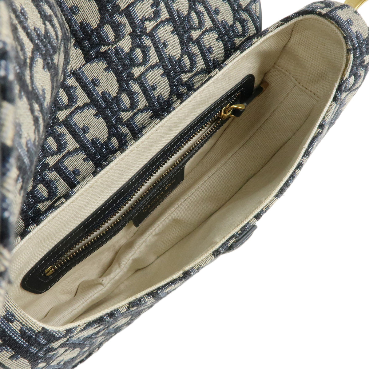 Christian Dior Saddle Oblique Jaquard Leather Shoulder Bag Navy Beige