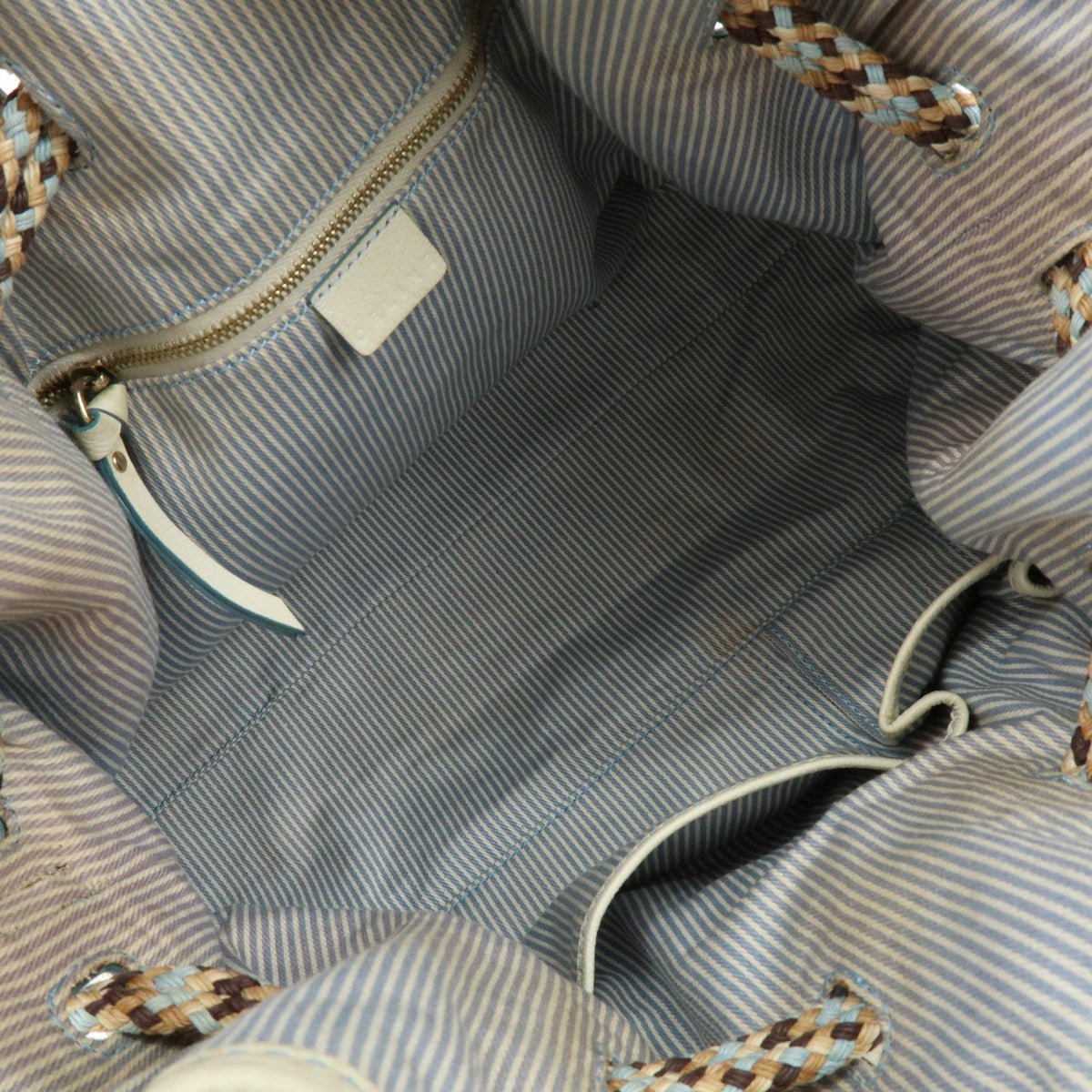 CELINE Macadam Canvas Leather Raffia Hand Bag Light Blue White