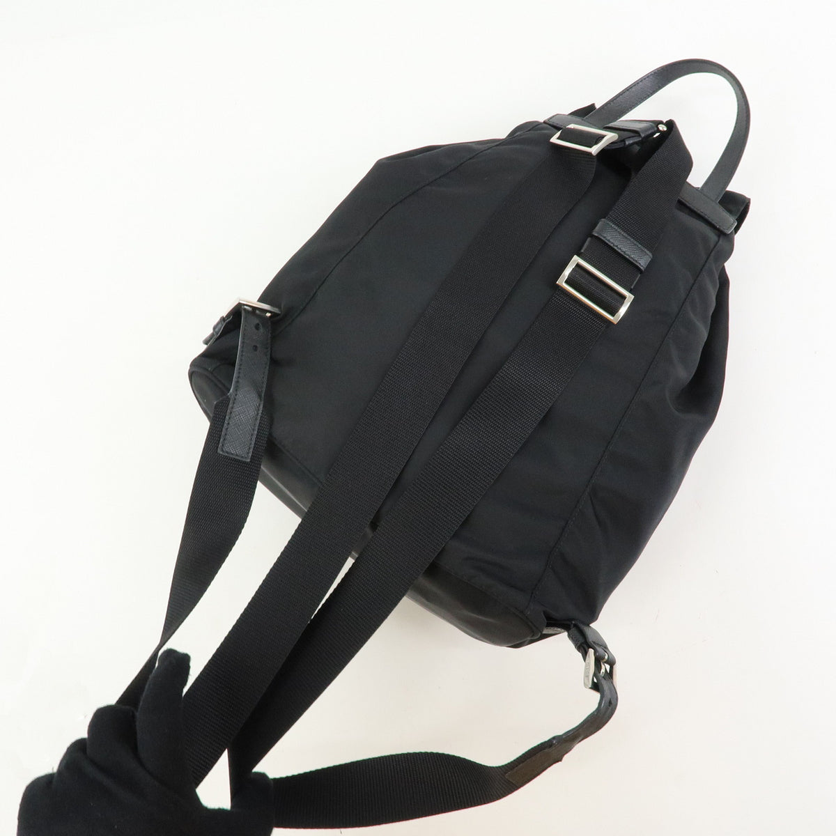PRADA Triangle Logo Nylon Saffiano Leather Backpack Rucksack Black