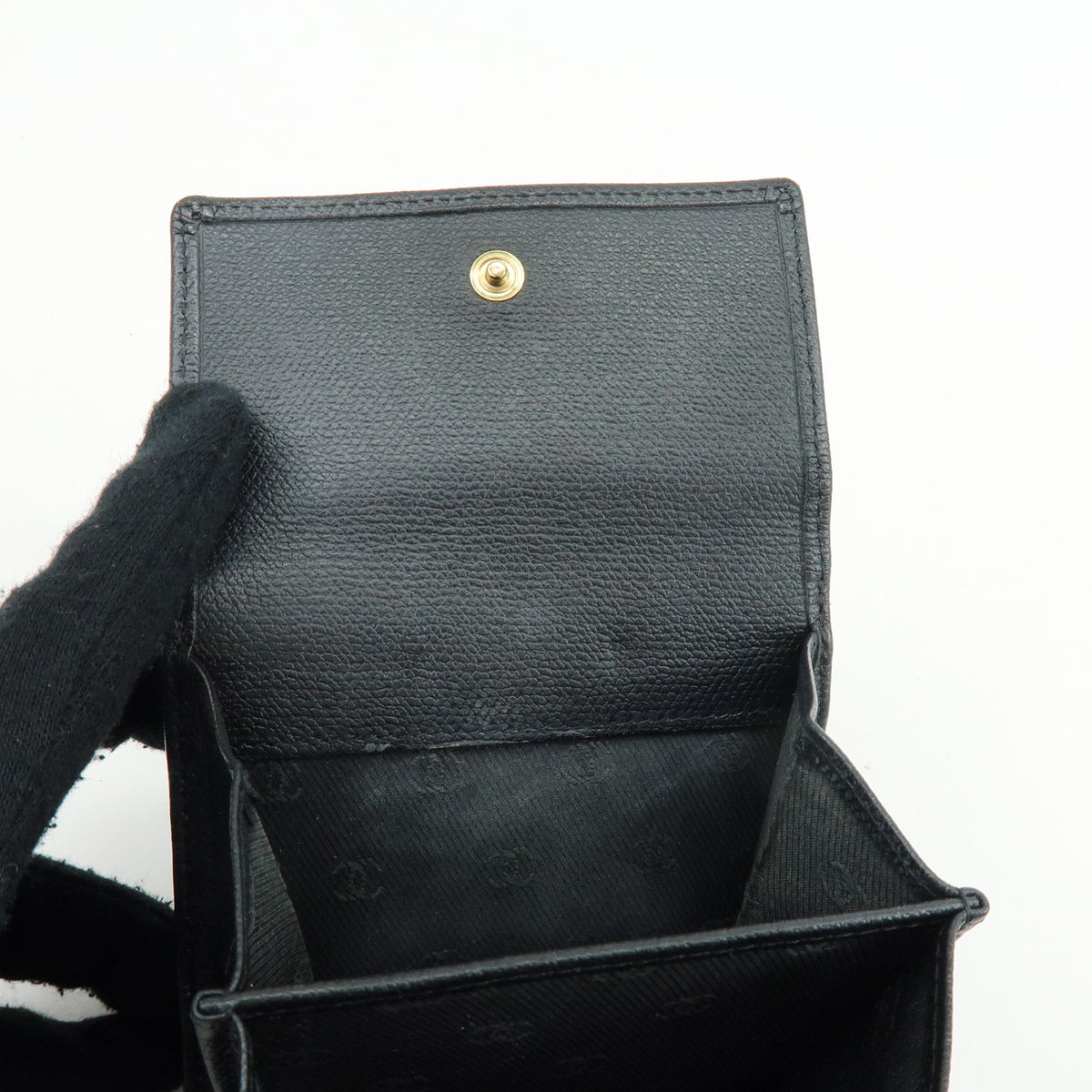 CHANEL COCO Button Calf Skin W Hook Compact Wallet Black A20902