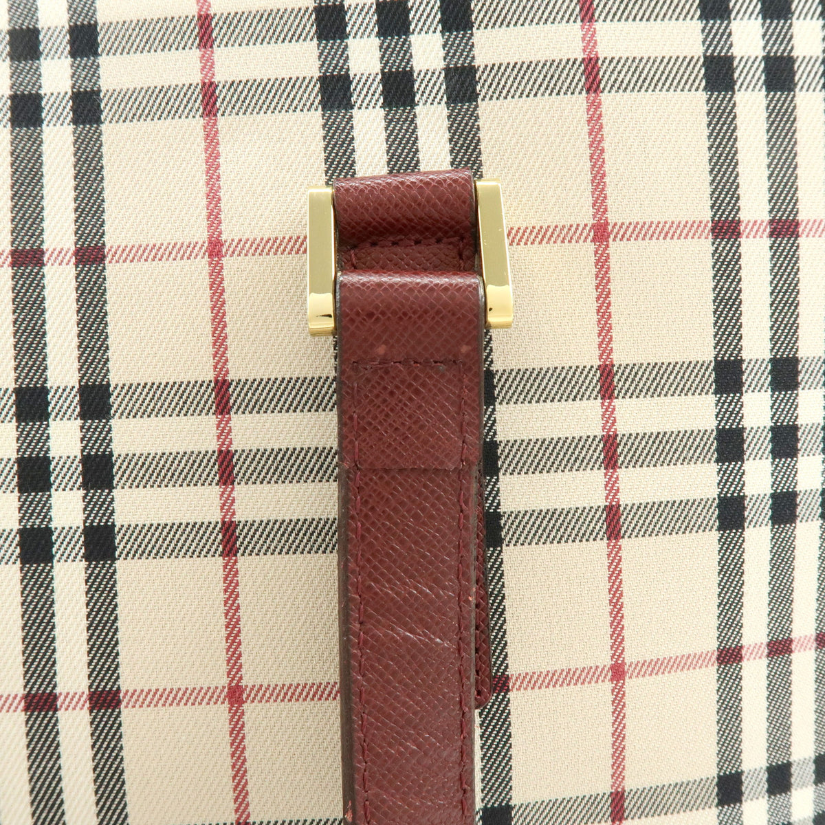 BURBERRY Nova Plaid Canvas Leather Tote Bag Shoulder Bag Beige Wine Red