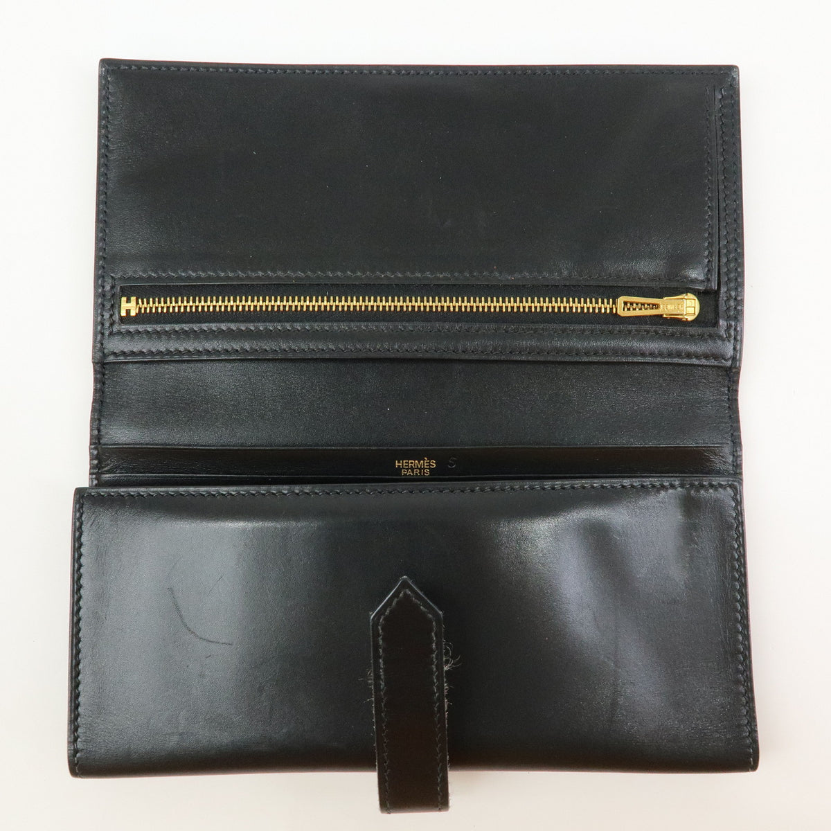 HERMES Bearn Leather Bi-fold Long Wallet □I Stamped Black Gold