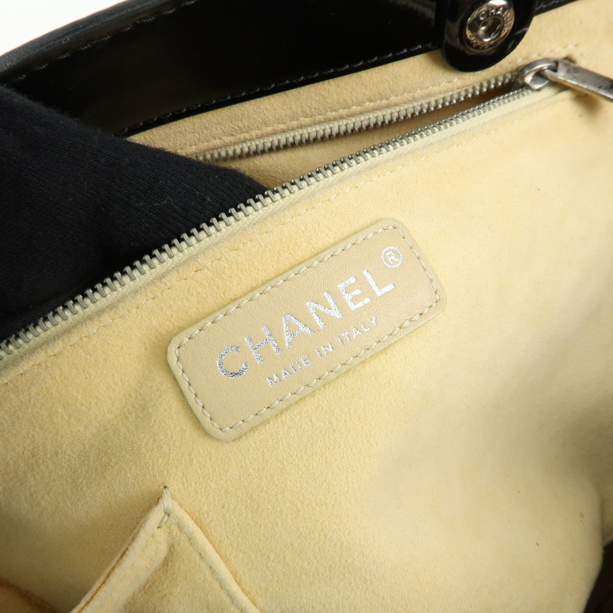 CHANEL COCO Mark Patent Leather Perforated Punching Hand Tote Bag Black