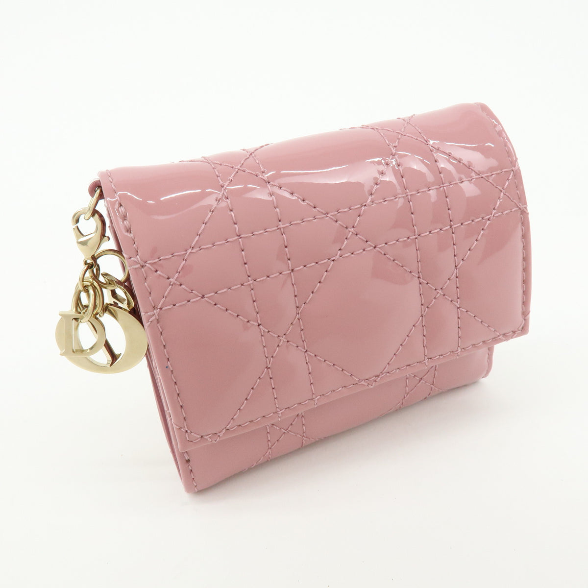 Christian Dior Cannage Lady Dior Patent Leather Compact Wallet Pink