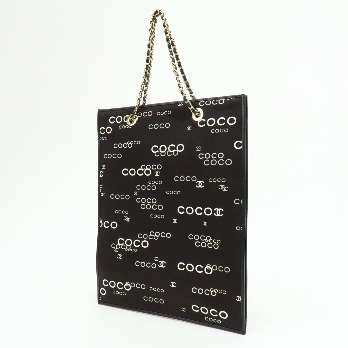 CHANEL COCO Mark Flat Shopper Canvas Leather Chain Tote Bag Black White