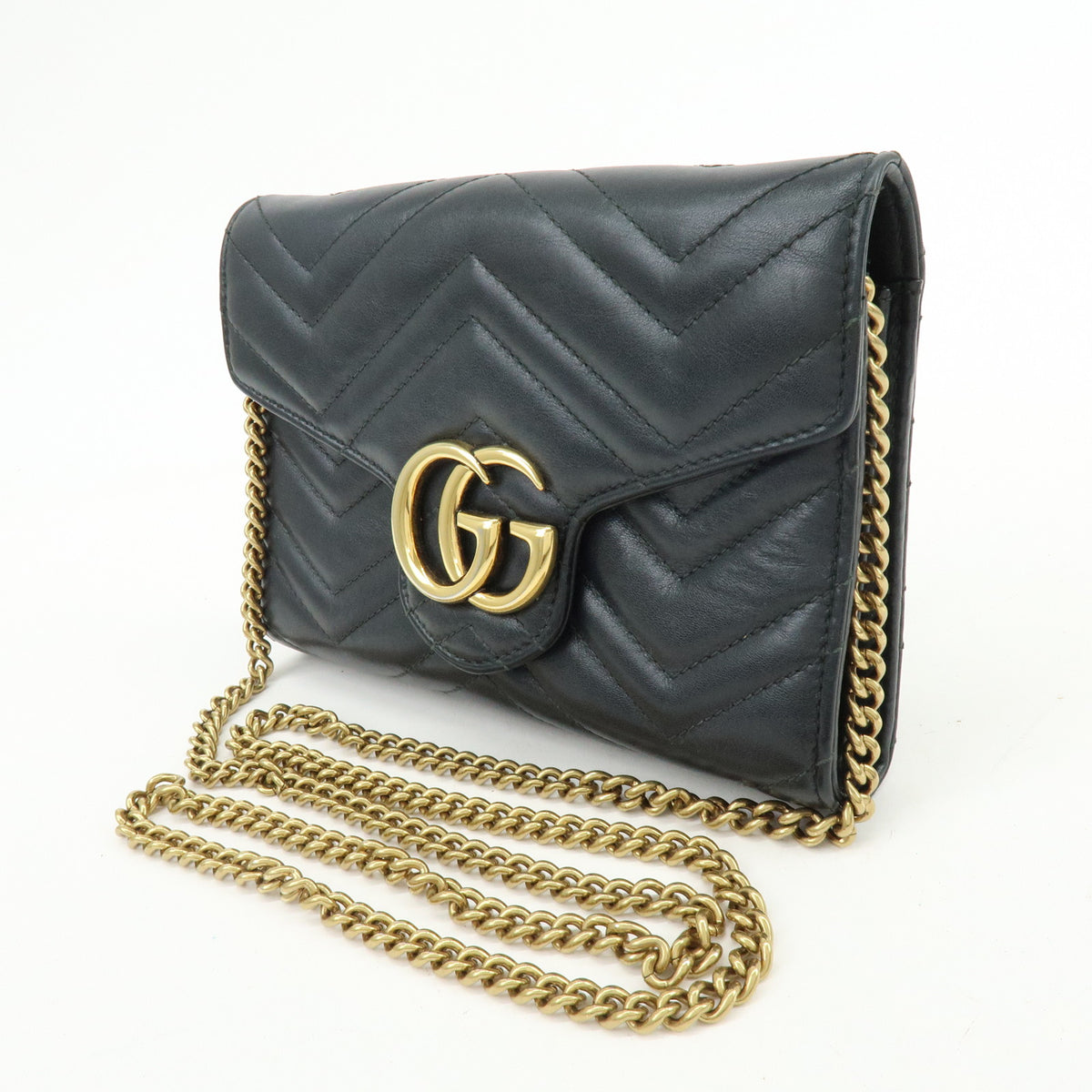 GUCCI GG Marmont Double G Leather Chain Shoulder Bag Black 474575