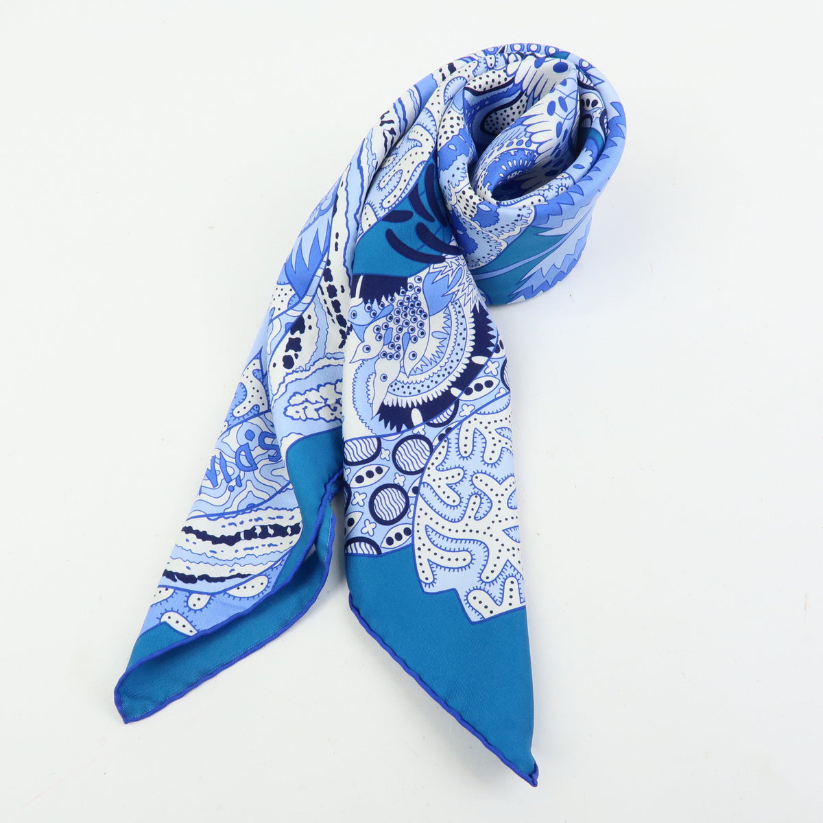HERMES Carre 90 Silk Scarf 100% FLEURS DINDIENNES Blue White