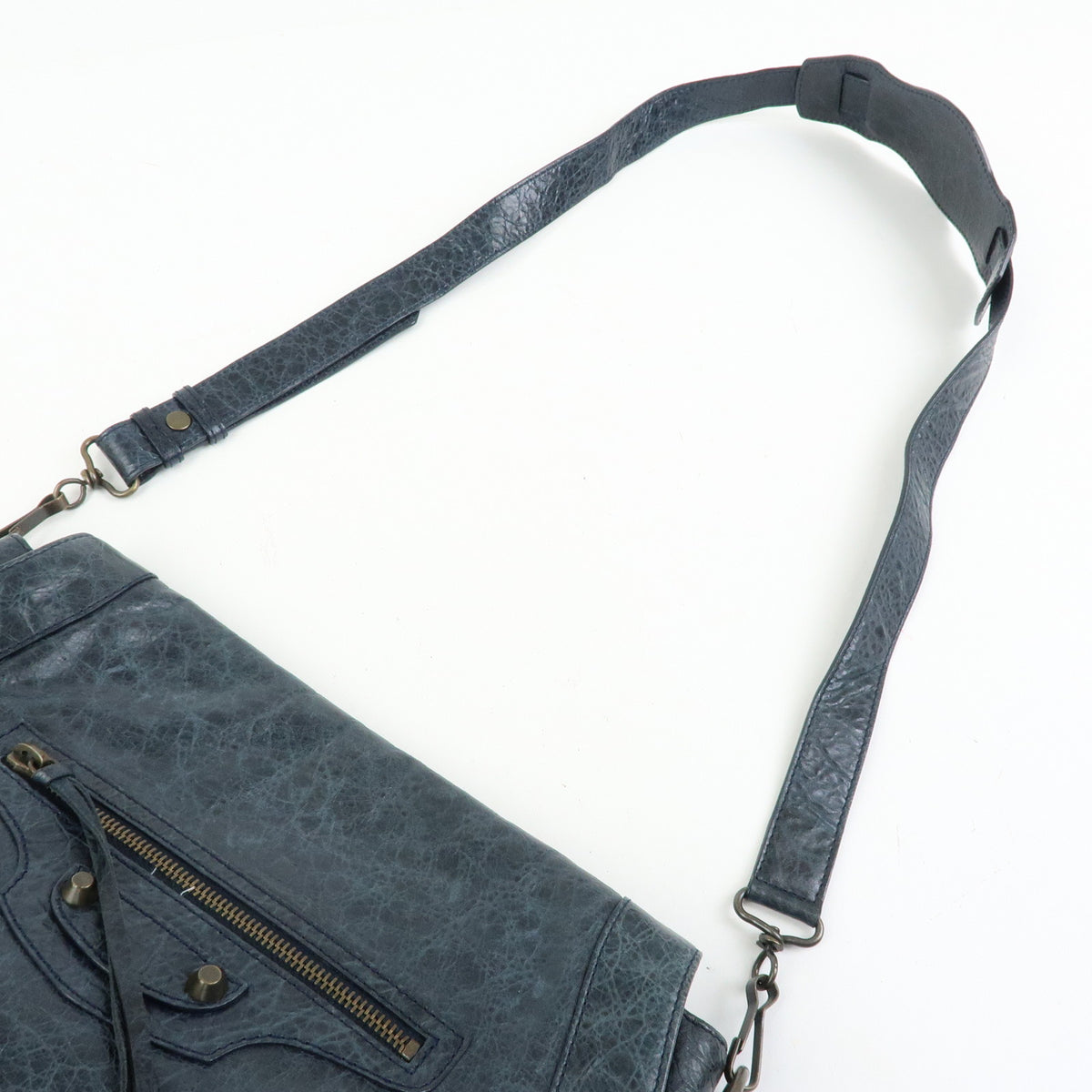 BALENCIAGA Classic Neo Folk Leather Shoulder Bag Dark Navy 285346