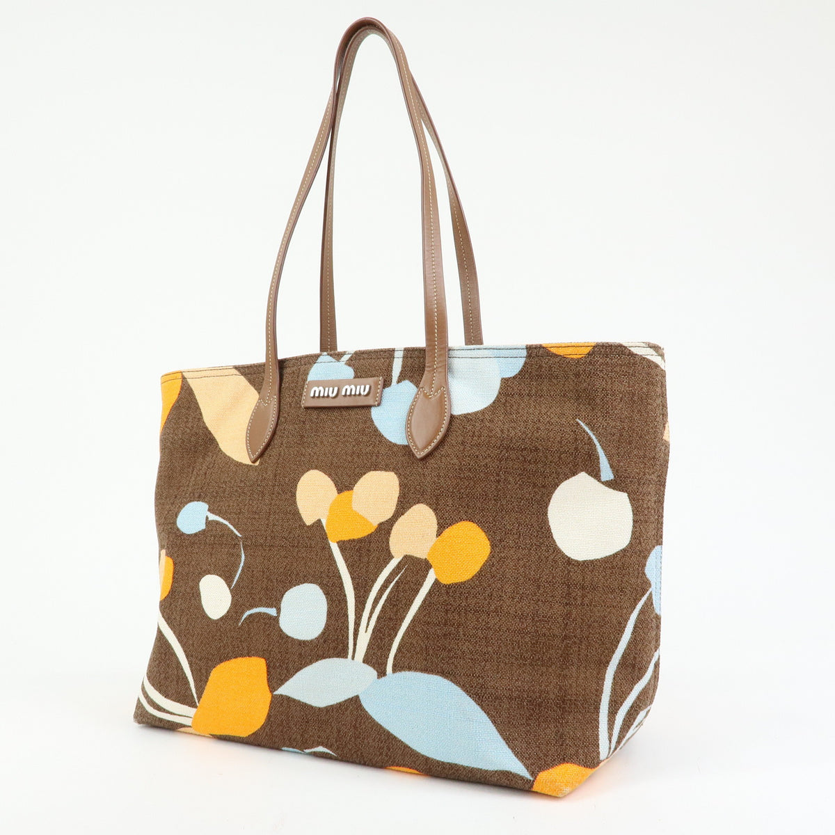 MIU MIU Logo Canvas Leather Tote Shoulder Bag Flower Brown 5BG126