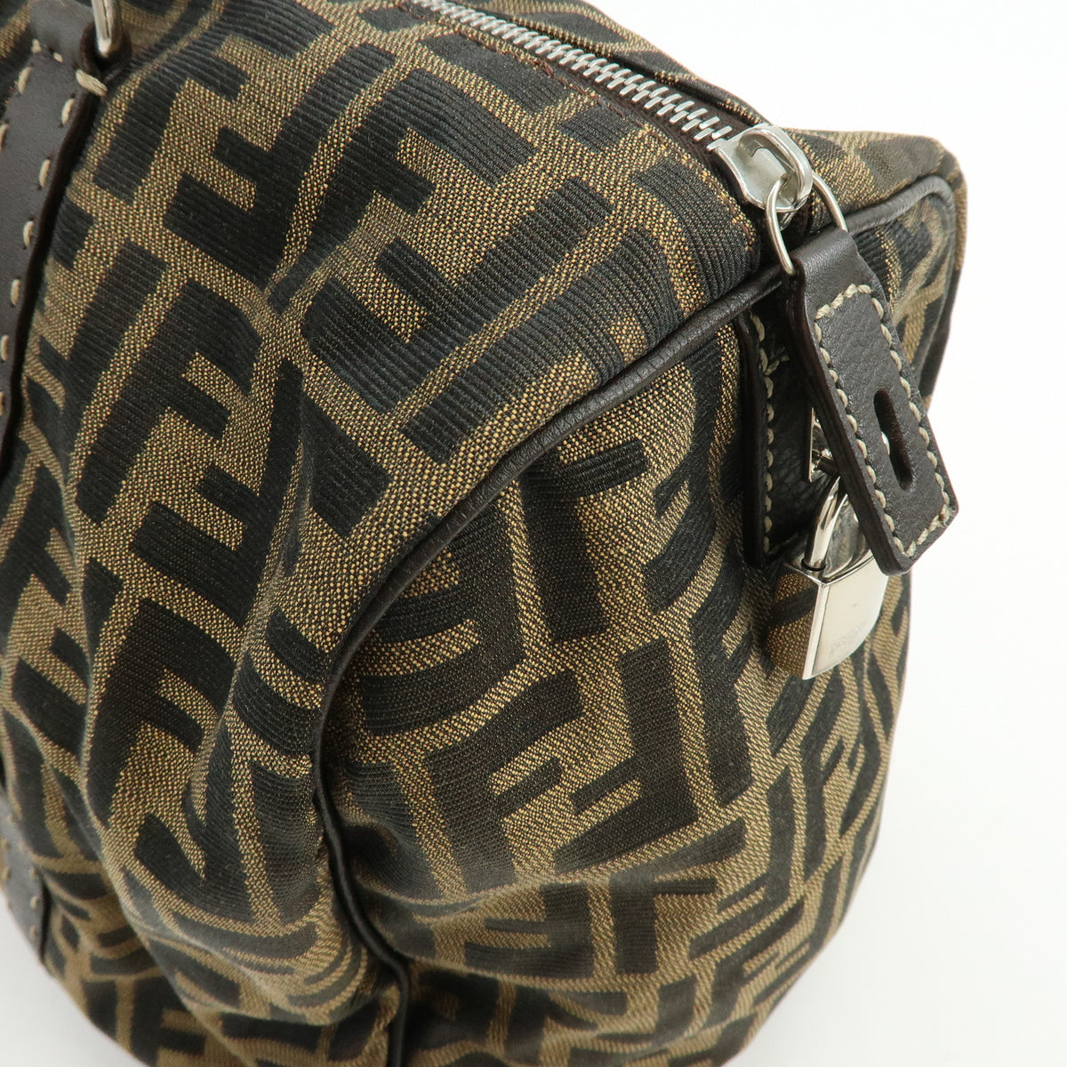 FENDI Zucca Selleria Jacquard Leather Shoulder Bag Boston Bag Brown