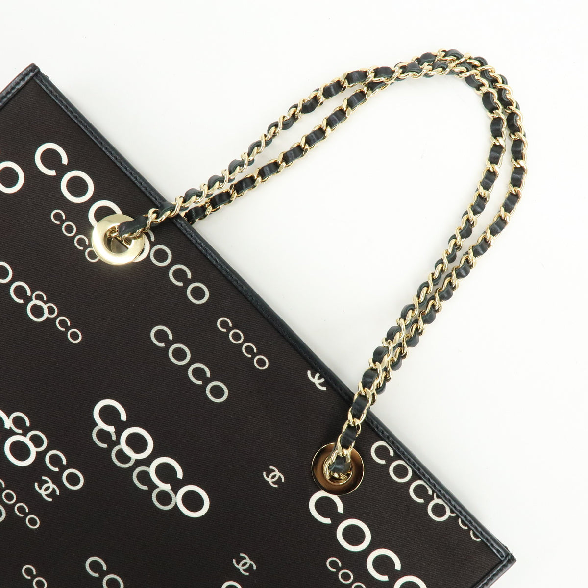 CHANEL COCO Mark Flat Shopper Canvas Leather Chain Tote Bag Black White